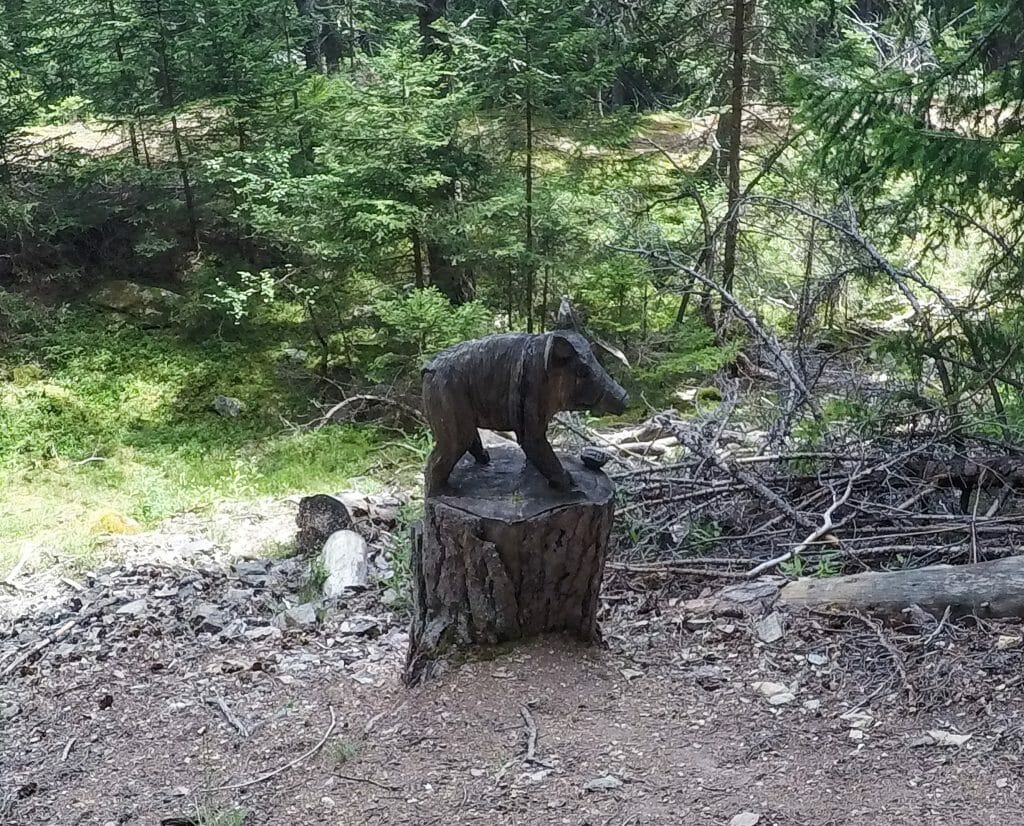 wood carvings on the trail to Champex