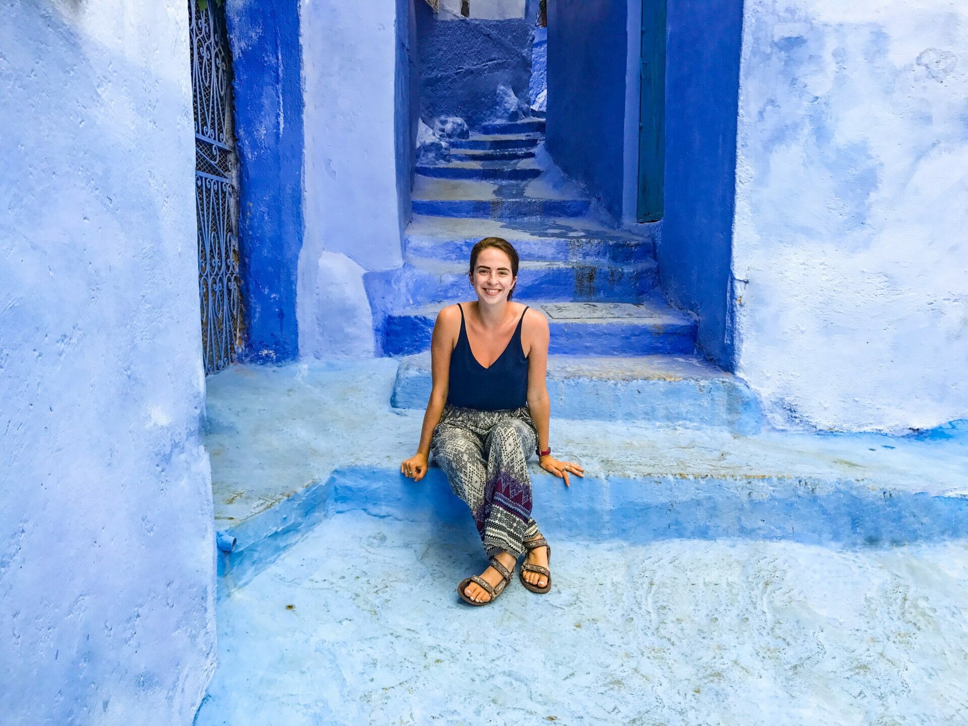 Blue walls and stairs in Chefchaoeun Morocco
