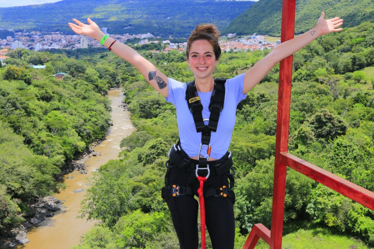 Girl bungy jumping San Gil Colombia