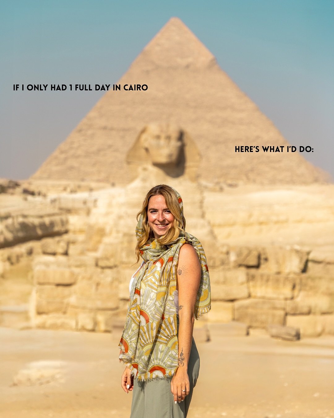 After 3 trips to Cairo, here’s what I’d recommend if you only had 1 full day to see the highlights:

1️⃣ 6.30am: light brekky on your hotel rooftop
- book a hotel in Giza with a rooftop terrace and enjoy a light breakfast overlooking the pyramids before heading out!

2️⃣ 7am: start at the Giza Plateau (pyramids + sphinx)
- arrive at opening to enjoy the complex to yourself before tour buses arrive ~9am
- new shuttle bus system inside the complex as of late 2025—> take the bus to the King Khafre stop (this is the pyramid with partial casing on the top) and then walk around the backside of the Great Pyramid
- in the interest of time, I’d recommend skipping the inside of the pyramid (it takes at least 30min and there’s not much to see)
- catch the shuttle to the Sphinx

3️⃣ 10.30am: brunch at 9 Pyramids Lounge
- reservation required to access this area— worth it for the view!
- from the Visitor’s Centre, take the shuttle out to the lounge >30min before your reservation to allow time for photos
- our absolute favourite view of the pyramids is a short walk to the left of the restaurant

4️⃣ 1pm: Saqqara Necropolis
- about 1hr from Giza (hire a driver)
- Pyramid of Teti: descend steep steps into the tomb to see incredible deep relief hieroglyphs & stars on the ceiling
- Tomb of Mereruk: large interior with some preserved colour & great representations of daily life
- Djoser Step Pyramid + tomb: another cool pyramid to enter!

*OR if you want a fancy lunch and more time at the museum, skip Saqqara and swap 9 Pyramids Lounge for Khufu’s (also inside Giza Plateau)

5️⃣ 4pm: Grand Egyptian Museum
- 1hr drive back to Giza
- spend 2-3hrs exploring the museum (galleries close an hour earlier, so start there and then explore the hall)
- open until 10pm on Sat or Wed, otherwise until 7pm

6️⃣ dinner at Zooba
- one of our favourite restaurants in Cairo, with a location right inside the GEM complex

—

#egypt #pyramids #giza #cairo