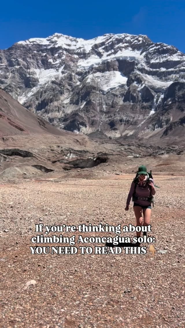 I climbed on Aconcagua on a 10-day solo expedition last year and it was absolutely one of the greatest things I’ve ever done in my life, but it requires A LOT of planning & preparation to pull off!! 😵‍💫

I distilled everything that I learned about solo permits, logistics services, base camp facilities, reading the weather, what to pack, and more into a MASSIVE blog post— which I just updated with new 2025/2026 permit prices and changes to service plans!!— so I’d absolutely recommend anyone planning a solo expedition to check it out:

🔗brookebeyond.com/solo-climbing-aconcagua

Before my own expedition, I had the most questions about what gear to bring, so I’ve also written a super detailed packing list with every single item that I wore or used to get me safely to 6,963m without a guide or group (plus what I would add or subtract based on my experience):

🔗brookebeyond.com/aconcagua-expedition-packing-list

Hit me with your solo expedition questions in the comments!!

———

#aconcagua #7summits #expedition #soloclimbing