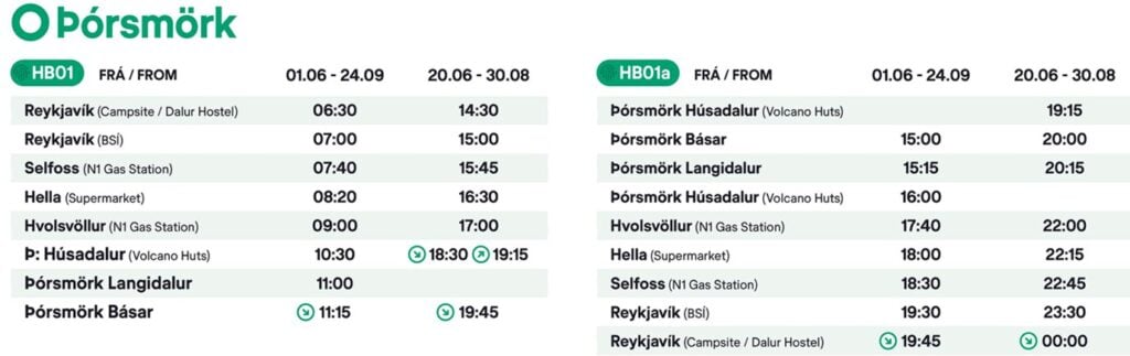 2026 Highland Bus schedule from Þórsmörk