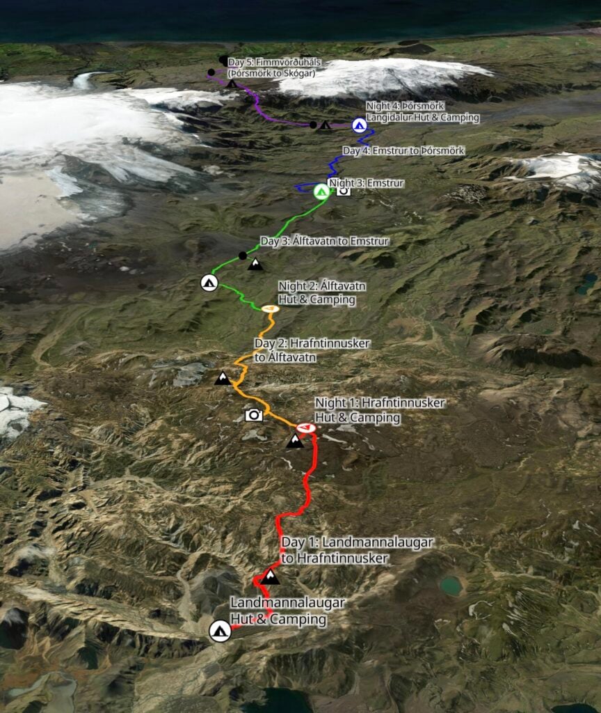 Map of Laugavegur + Fimmvörðuháls Trail
