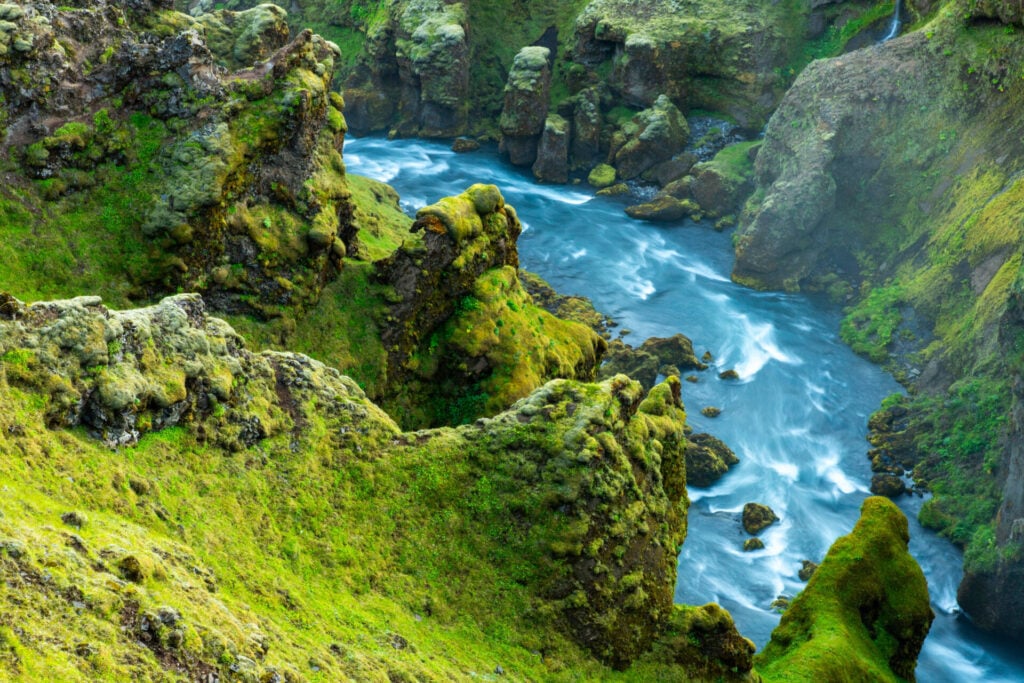 Moss-covered Skógá gorge on Waterfall Way