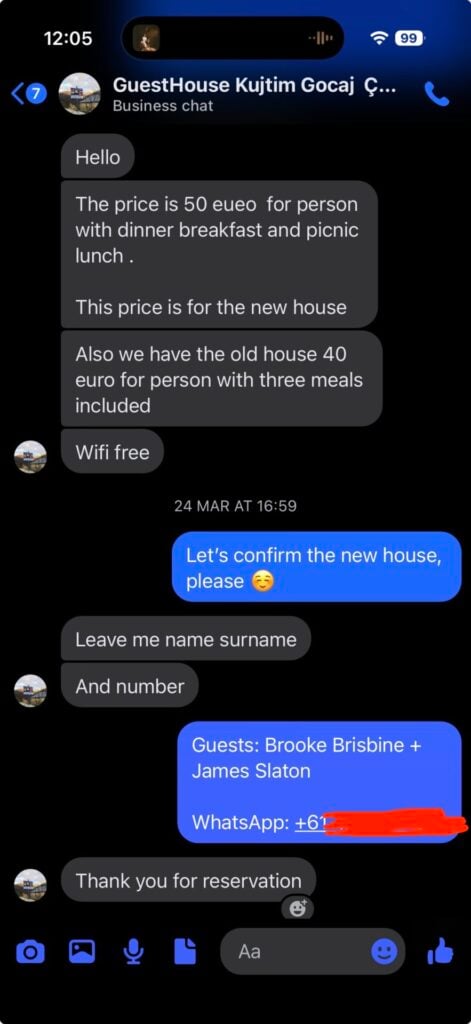 screenshot of guesthouse reservation