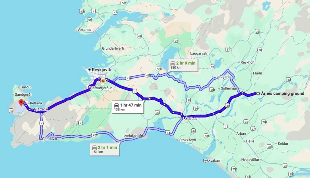 Day 1 driving route - Iceland 4WD itinerary