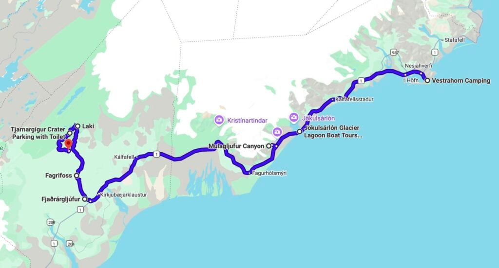 Day 8 driving route - Iceland 4WD itinerary