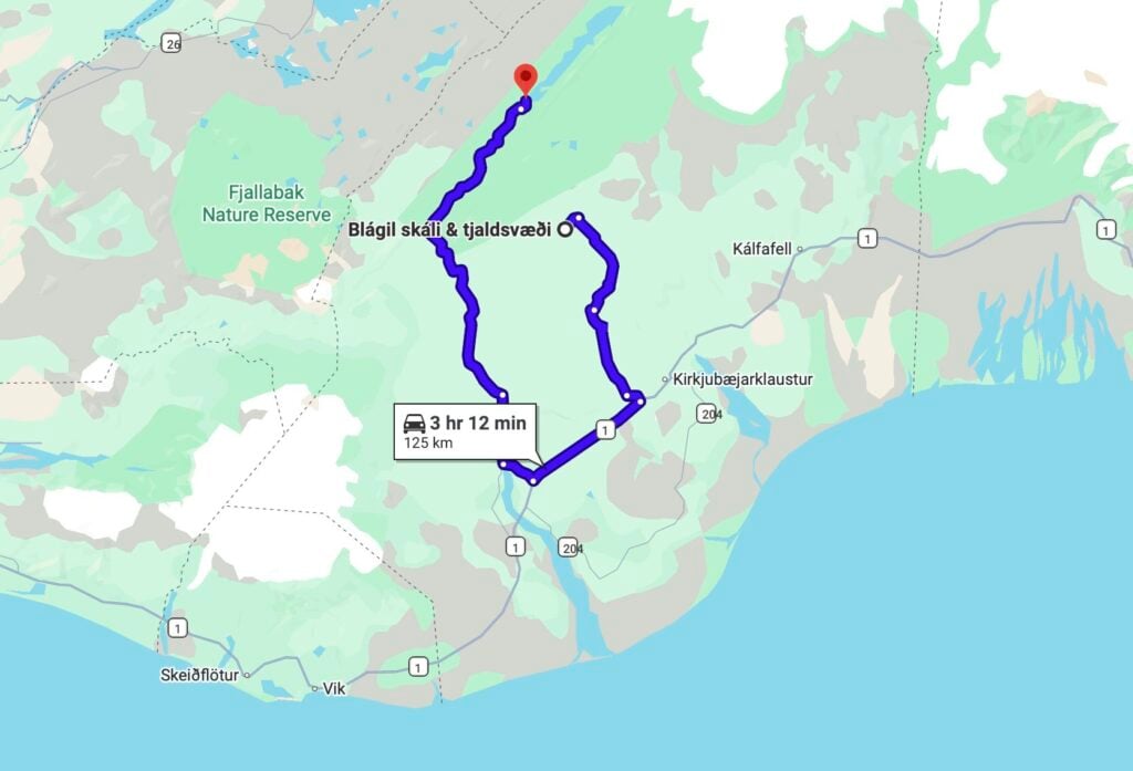 Day 9 driving route - Iceland 4WD itinerary