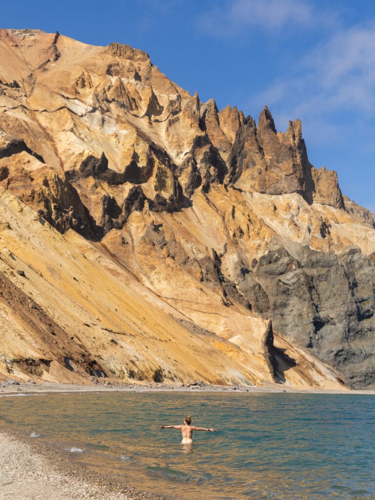 Swimming at the Þerribjörg Cliffs beach