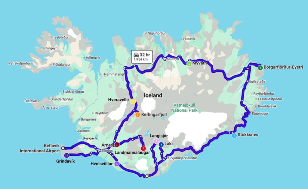Map of my 12-day Iceland 4WD itinerary
